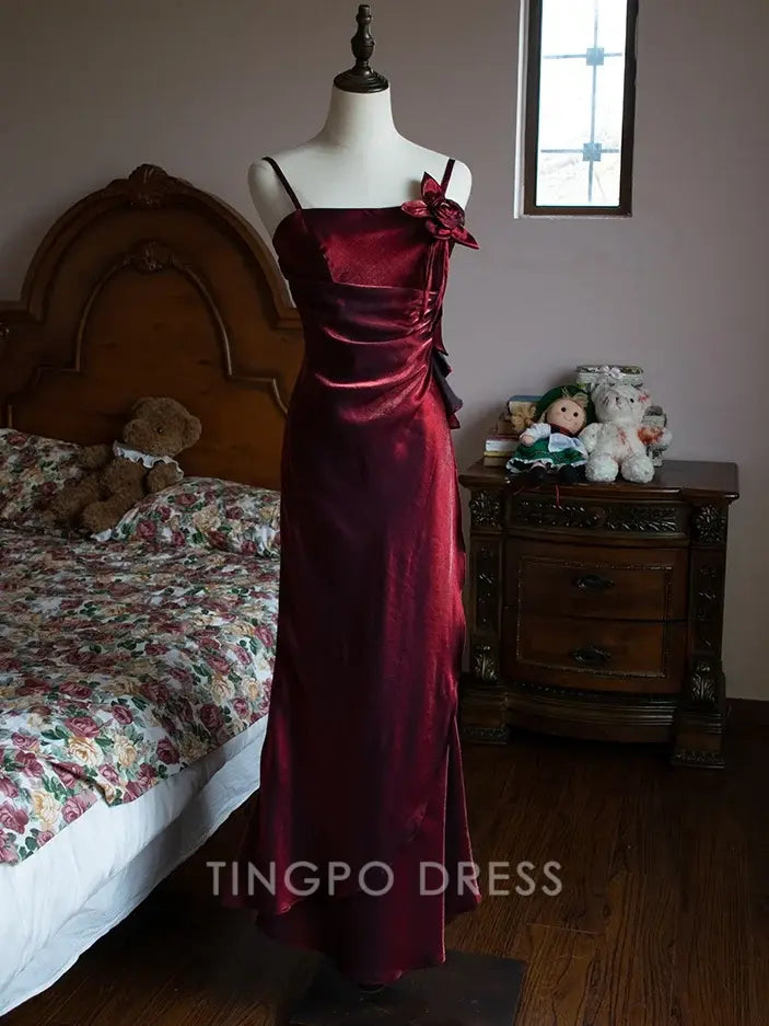 TingPo Wholesale Elegant Dark Red Vintage Floral Embellished Sheath Gown Evening Dress